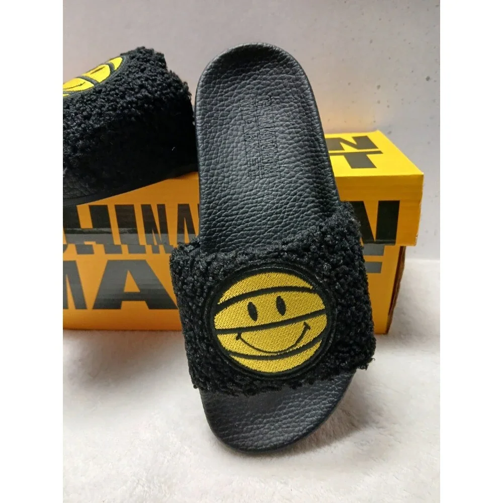 Chinatown Market Men Sandals Slides Smiley Sherpa‎ Ball Black Comfortable Size 4